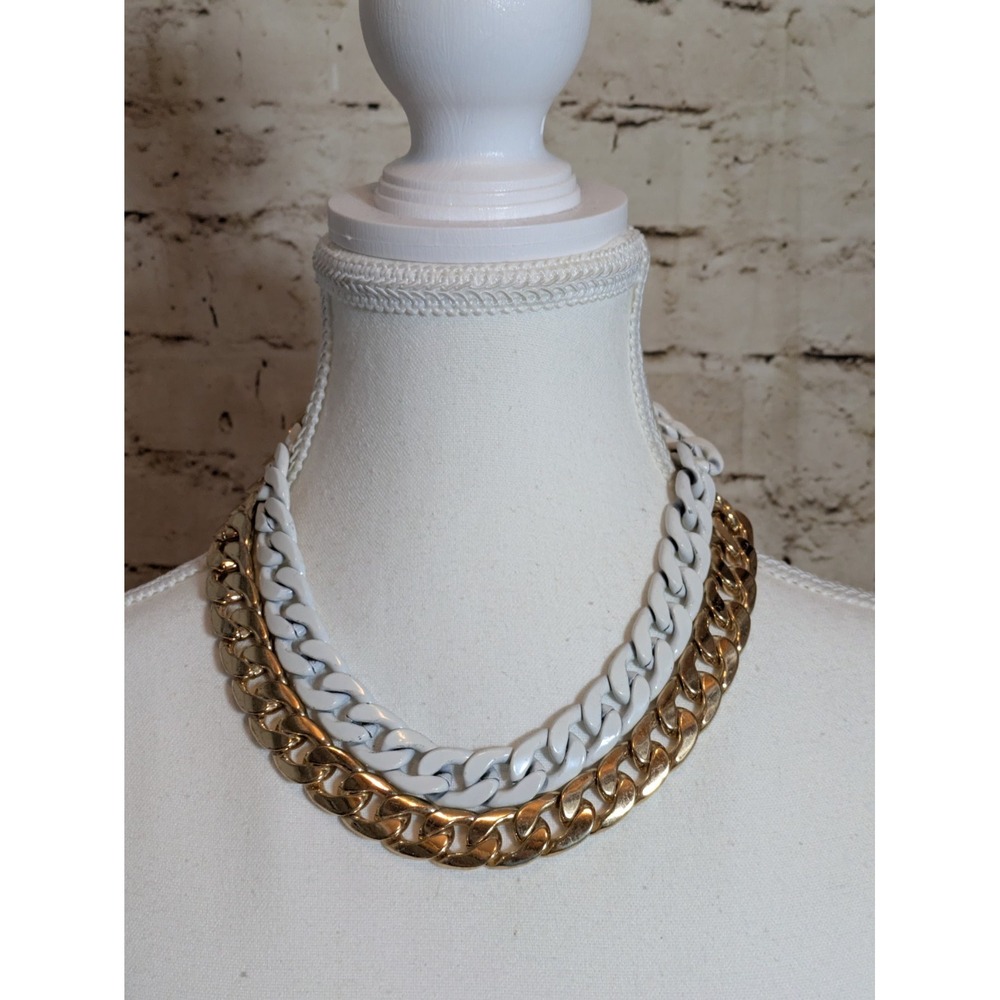 MIKA Chunky Curb Chain Necklace Statement 16" Gold Tone & White Multi Chains